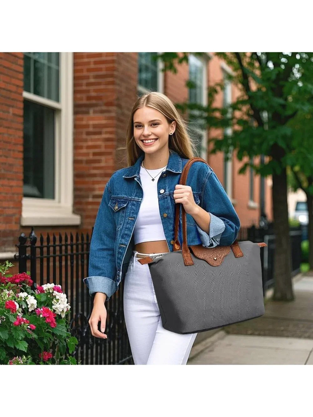 👜Women's Blue Grey Nylon Tote Bag Large Capacity Shoulder Handbag With Zipper